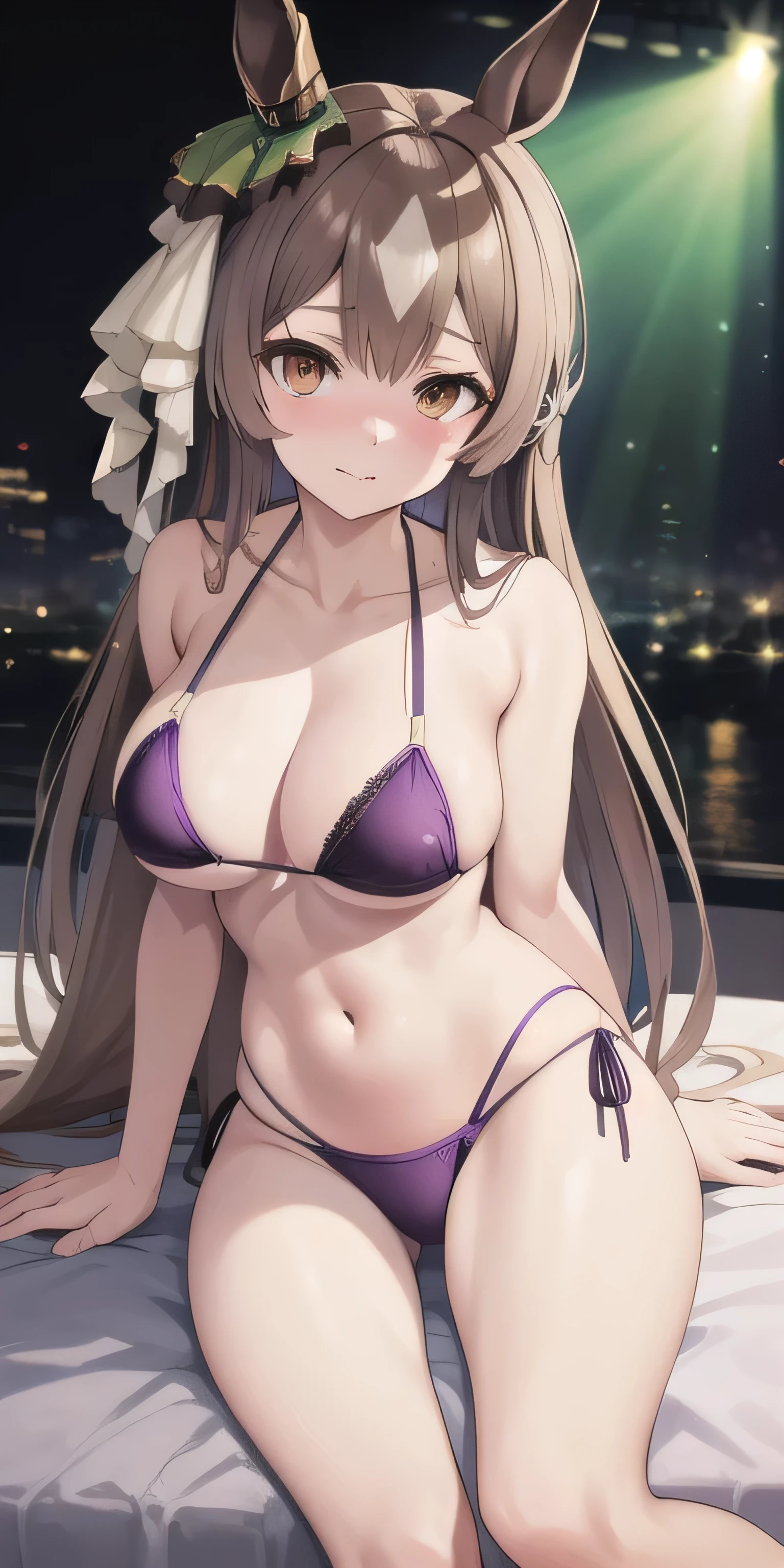 masterpiece, highest quality, close, Face shot, \(Umamusume\),((Purple micro bikini))、sit、Leg spread、semen、Mansuji、On the bed、Low - Angle、(((Big Breasts)))、Nightclub、Embarrassed、1st from the bottom.3