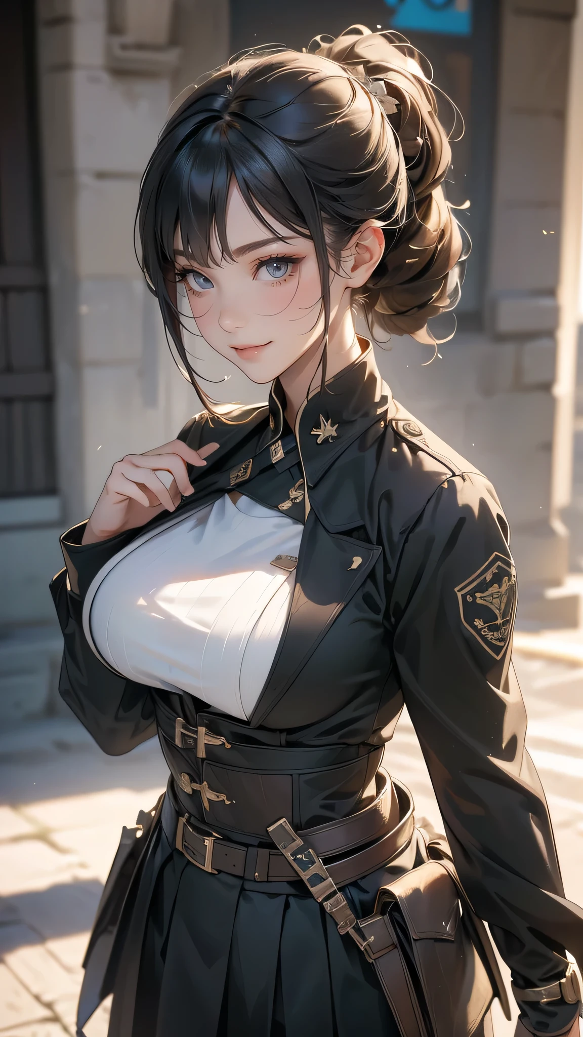 hold a gun,(glasses:1.2),(random military outfit),(random pose),(random hairstyle),(large breasts:1.5),(Highest image quality, (8K), Ultra-realistic, Best Quality, High quality, High Definition, high quality texture, high detailing, Beautiful detailed, fine detailed, extremely details CG, Detailed texture, realistic representation of face, masterpiece, presence)