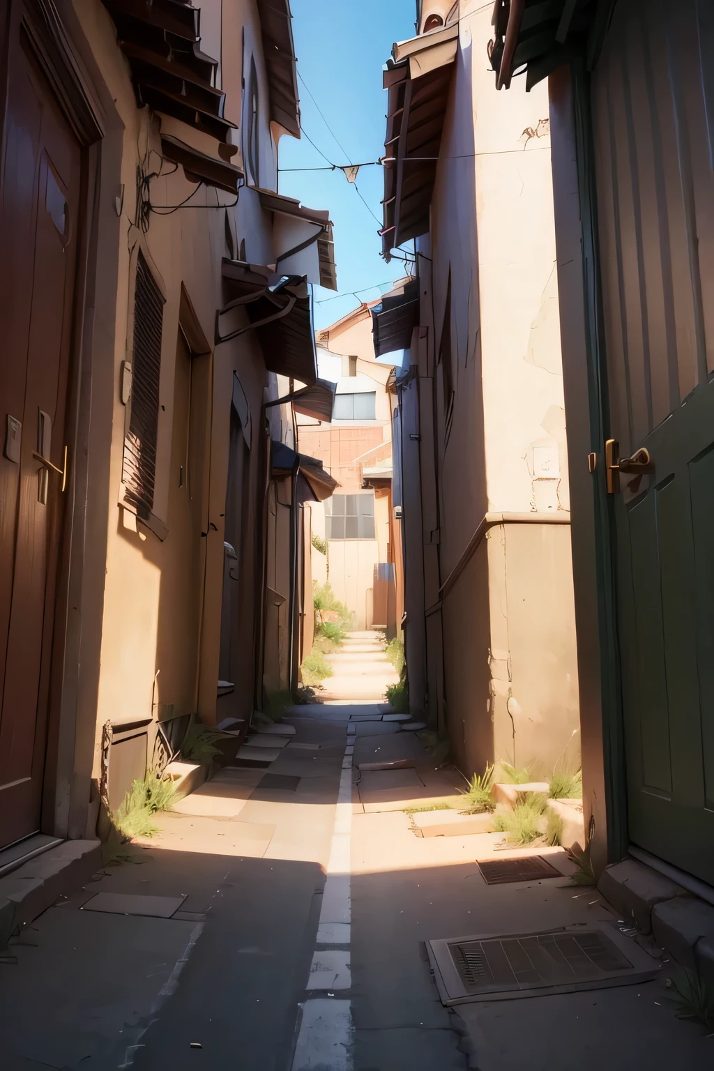 view from the ground, POV of an dark alleyway that is dirty