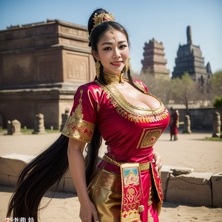 (thai woman),((highponytail)),(forehead),(Oriental Folk Costumes:1.5),(Empress's style:1.3),(enormous breasts:1.5),(Addressing an audience:1.6),(Historic Monuments of the Orient in the background:1.6),big smile,  (cowboy shot:1.4),8k, UHD,