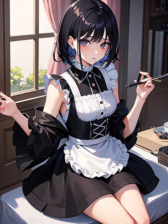 (masterpiece, highest quality, highest quality, Official Art, Cosmetology and aesthetics: 1.2), A cross-dressing boy with shoulder-length black hair and a short skirt wearing a maid's uniform、Cute, delicate and short,Hanging out the laundry,A composition that shows the back, A composition that makes you look up, pants,Luxury House