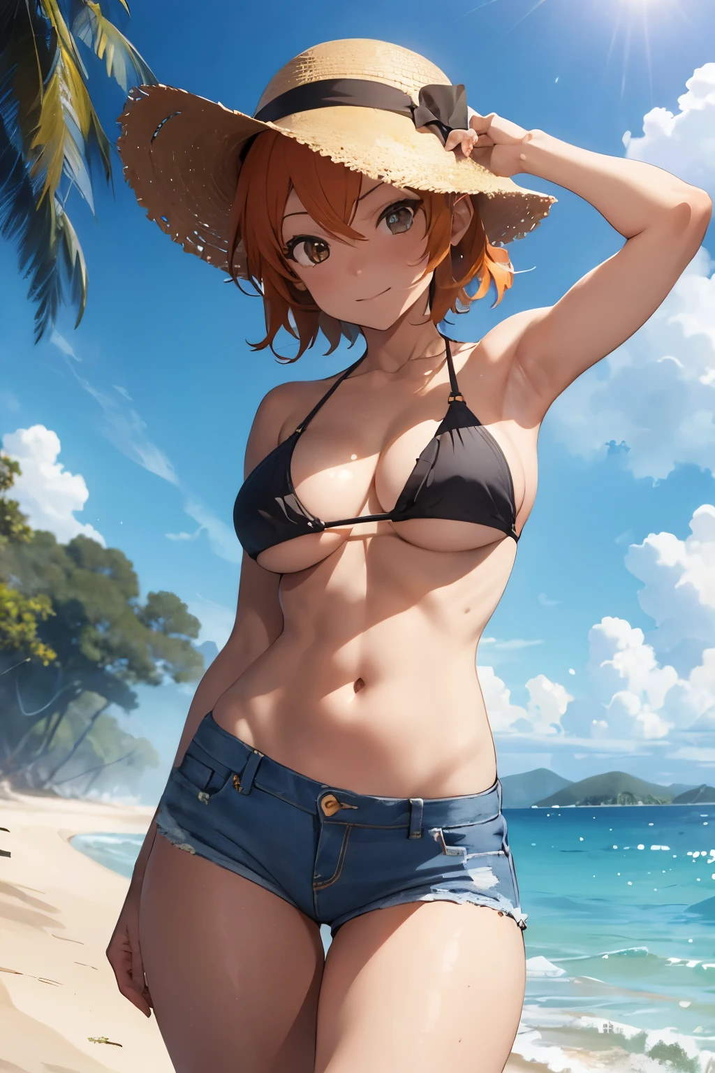 (((Nami))) at the beach, large breasts, slim body, sexy, fringe, perfect eyes, orange hair, jeans pants, bikini top, seductive, smirking, tanned, lighting, shades, best quality, masterpiece, beautiful, high resolution, ultra detailed, photorealistic, worked textures, intricate art, country outfit, country hat, thick outlines, sun shinning over head, realism.