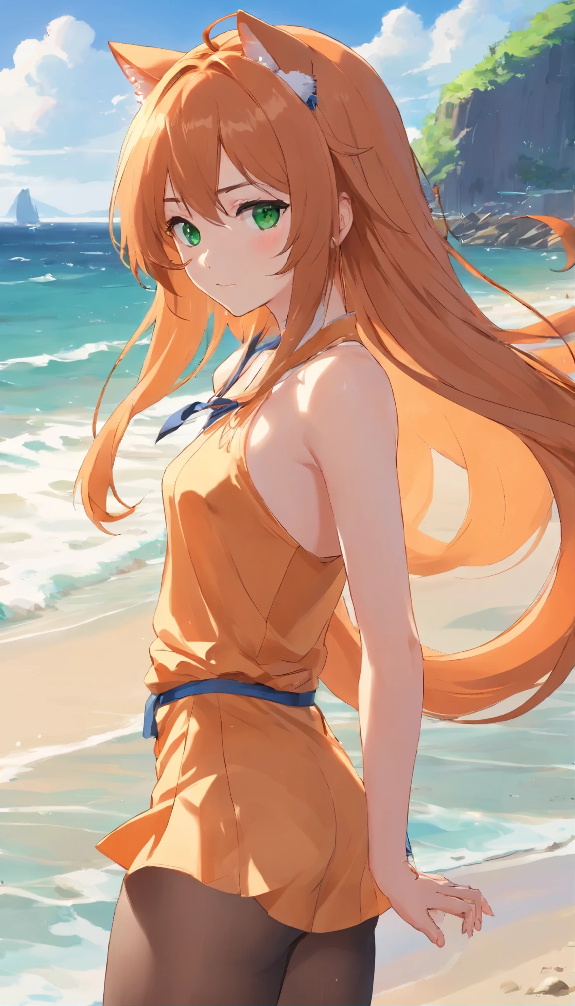 anime girl with long orange hair standing on beach near ocean, green eyes detailed digital anime art, cat ears, , anime girl with long hair, smooth anime cg art, anime girl with long hair, digital anime art, artwork in the style of guweiz, beautiful anime portrait, photorealistic anime girl render, beautiful anime girl, advanced digital anime art, pantyhose, guweiz on artstation pixiv upscale HD UHD HQ