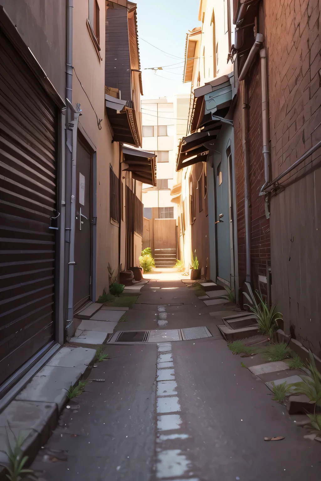 view from the ground, POV of an dark alleyway that is dirty