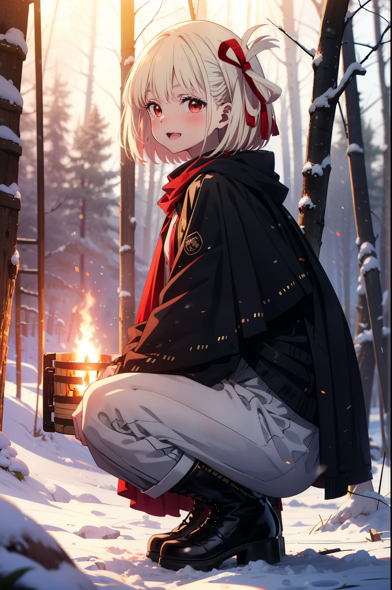 chisatonishikigi, Chisato Nishikigi, short hair, bangs, Blonde, (Red eyes:1.5), hair ribbon, One side up, Bobcut,smile,blush,happy smile, smile, Open your mouth,
White Breath, Open your mouth,snow, A bonfire on the ground, Outdoor, boots, snowing, From the side, wood, suitcase, Cape, Blurred, Increase your meals, forest, White handbag, nature, Squat, Mouth closed, フードed Cape, winter, Written boundary depth, Black shoes, red Cape break looking at viewer, Upper Body, whole body, break Outdoor, forest, nature, break (masterpiece:1.2), highest quality, High resolution, unity 8k wallpaper, (shape:0.8), (Beautiful and beautiful eyes:1.6), Highly detailed face, Perfect lighting, Highly detailed CG, (Perfect hands, Perfect Anatomy),