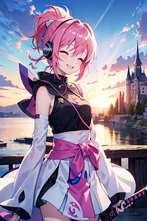 kawai anime girl looking at the horizon with a castle floating in the distance and people in the distance with powers, pink hair, happy, headphones on listening to music and dancing panorama mode image that shows the landscape and that the girl does not look at the camera and that her entire body is seen, with a smile on her face, closing her eyes, with a katana hanging on her anime waist, anime, anime!!! 4k