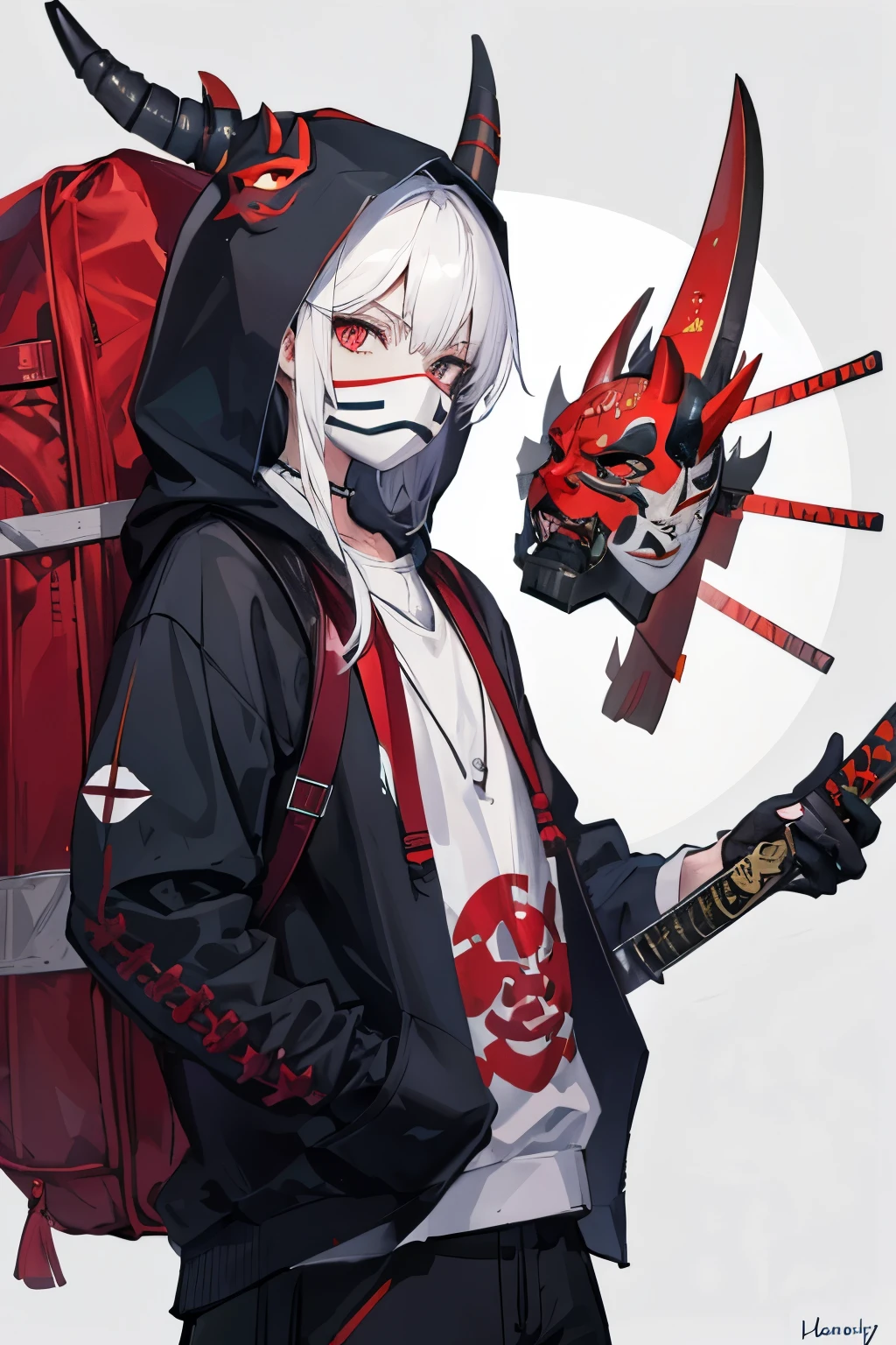 ((best quality)), ((masterpiece)), (detailed), perfect face samurai male, mask, wearing hannya traditional mask, wearing a hoodie and a oni mask and a sword backpack half body