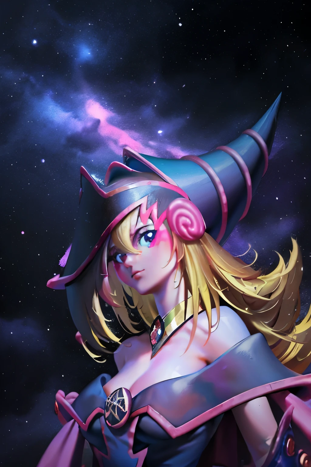 Giles magos oscuros. magos oscuros. ojos azules. cabello rubio. labios rojos. Detailed Features.., cosmic colors, ethereal lighting, Pintura surrealista, high resolution, otherworldly atmosphere, Seres celestiales. Hermosa diosa