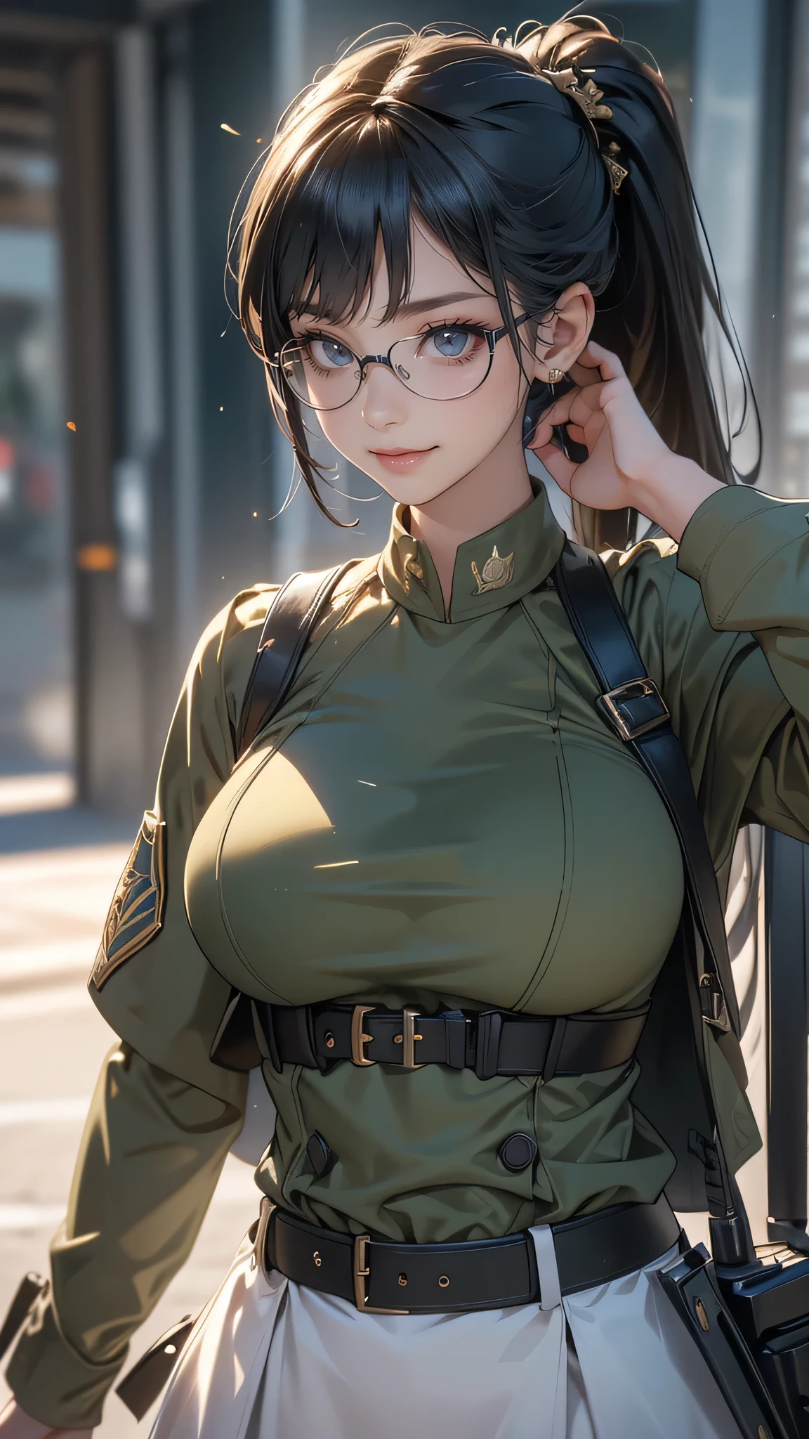 point the gun to the front,(glasses:1.2),(random military outfit),(random pose),(random hairstyle),(large breasts:1.5),(Highest image quality, (8K), Ultra-realistic, Best Quality, High quality, High Definition, high quality texture, high detailing, Beautiful detailed, fine detailed, extremely details CG, Detailed texture, realistic representation of face, masterpiece, presence)