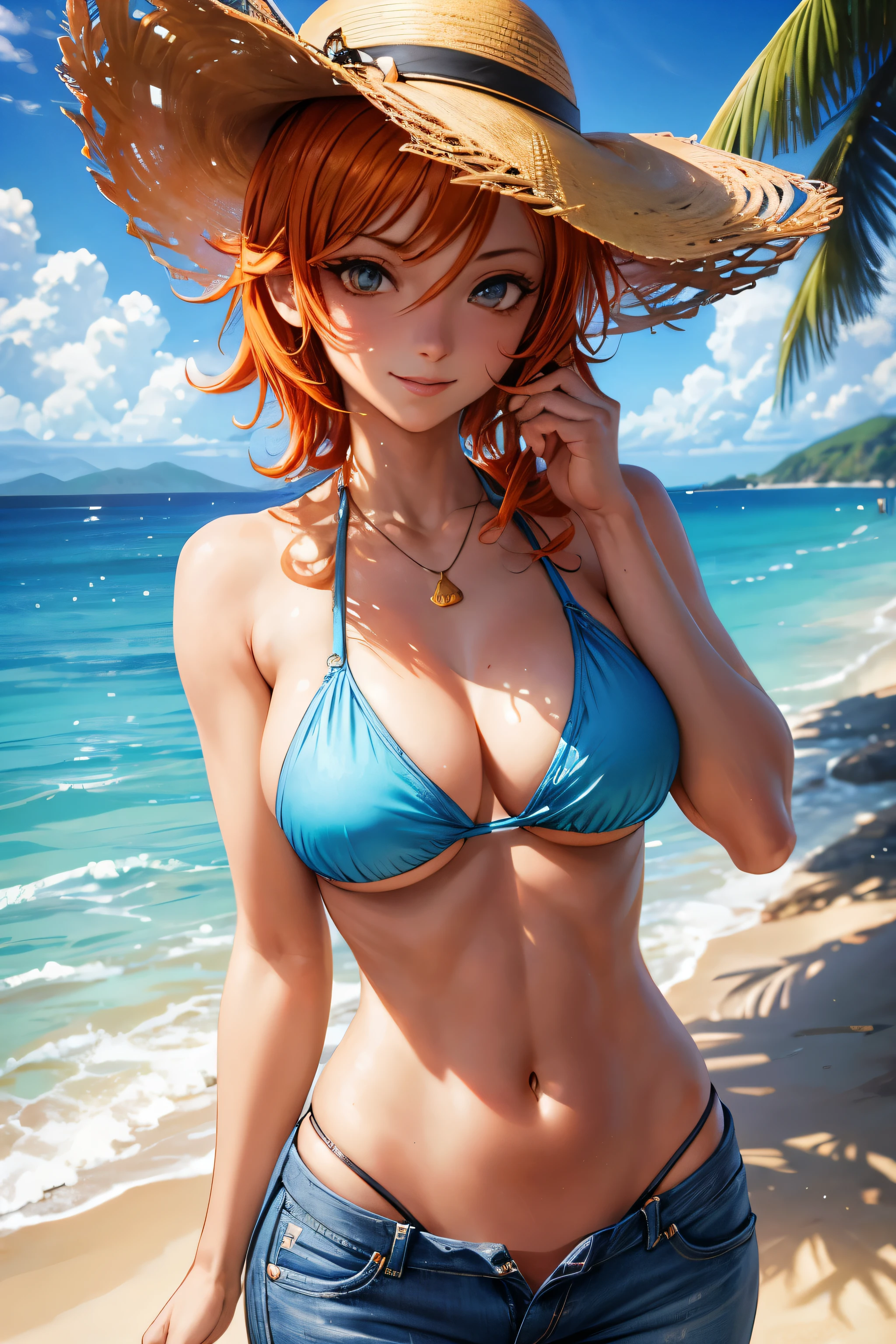 (((Nami))) at the beach, large breasts, slim body, sexy, fringe, perfect eyes, orange hair, jeans pants, bikini top, seductive, smirking, tanned, lighting, shades, best quality, masterpiece, beautiful, high resolution, ultra detailed, photorealistic, worked textures, intricate art, country outfit, country hat, thick outlines, sun shinning over head, realism.