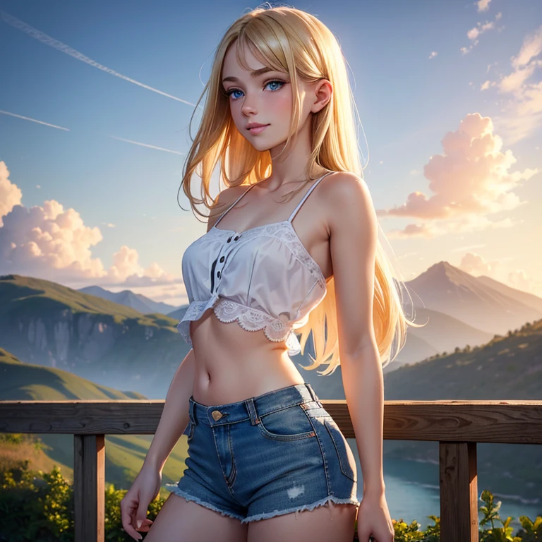 (masterpiece, best quality:1.4), (8K), Young blonde beauty, (((18 years old, neat girl))), detailed blue eyes, long eyelashes, blush, kind smile, upper body, small breats, denim short shorts, (from side), (looking at viewer), beautiful blonde hair, white-skinned, long hair, parted bangs, (small breasts), (valley, beautiful and magnificent skyline, majestic sky), colorful natural light)
