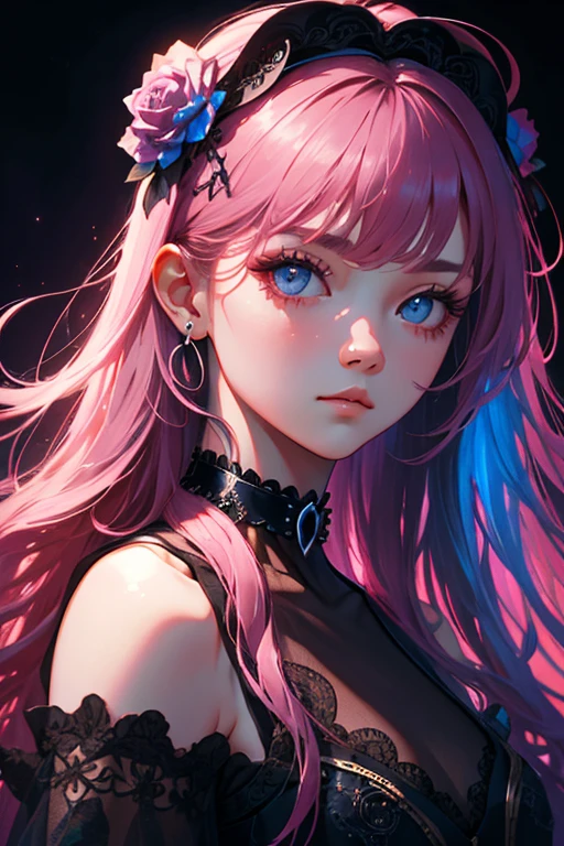 (full shot), 1girl, Black Choker, cute little, (attractiveness:1), fashionable, long hair, dramatic, Irridescent color, pose, (surreal:1.1), (Highly detailed), (high resolution), (Best quality), (masterpiece)