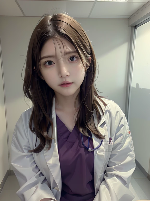 (RAW Photos, highest quality),masterpiece, Natural light, 1 girl, Smooth Hair、Wear a lab coat over your scrubs, Hospital examination room, Stethoscope,head shot