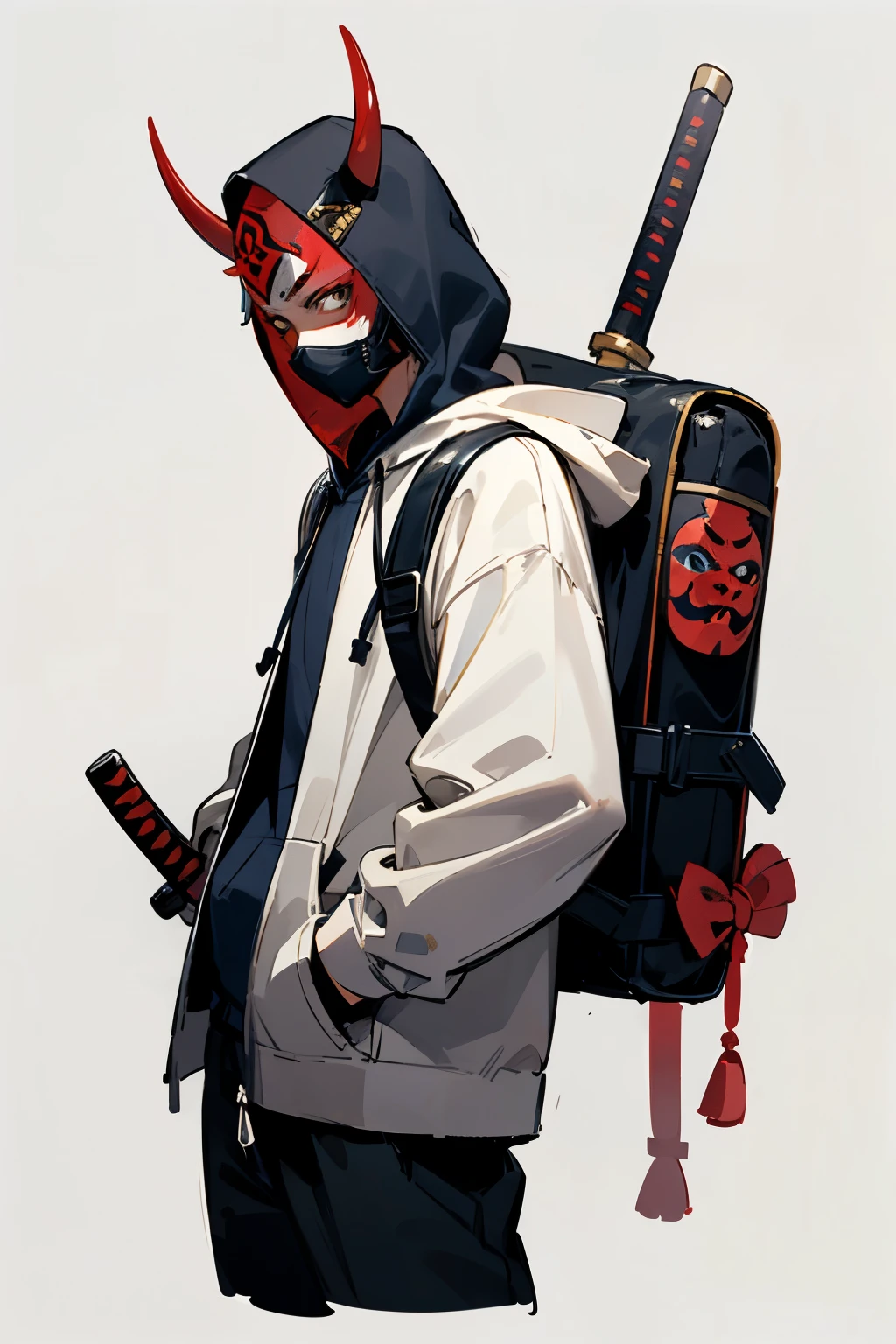((best quality)), ((masterpiece)), (detailed), perfect face samurai male, boy samurai, wearing mask, wearing hannya traditional mask, wearing a hoodie and a oni mask and a sword backpack half body, clean background, modern age street urban samurai,