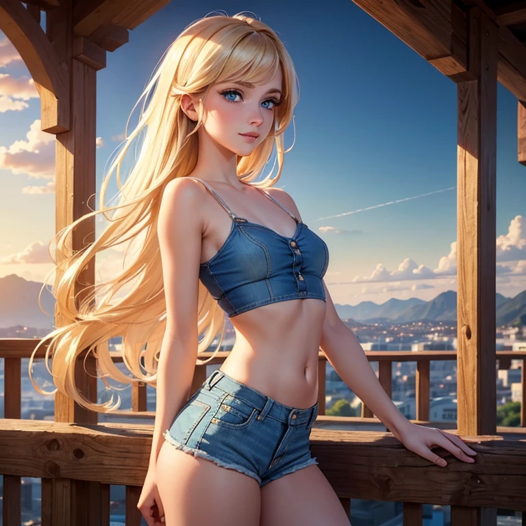 (masterpiece, best quality:1.4), (8K), Young blonde beauty, (((18 years old, neat girl))), detailed blue eyes, long eyelashes, blush, kind smile, upper body, small breats, denim short shorts, (from side) , (looking at viewer), beautiful blonde hair, white-skinned, long hair, parted bangs, (small breasts), (valley, beautiful and magnificent skyline, majestic sky), colorful natural light)