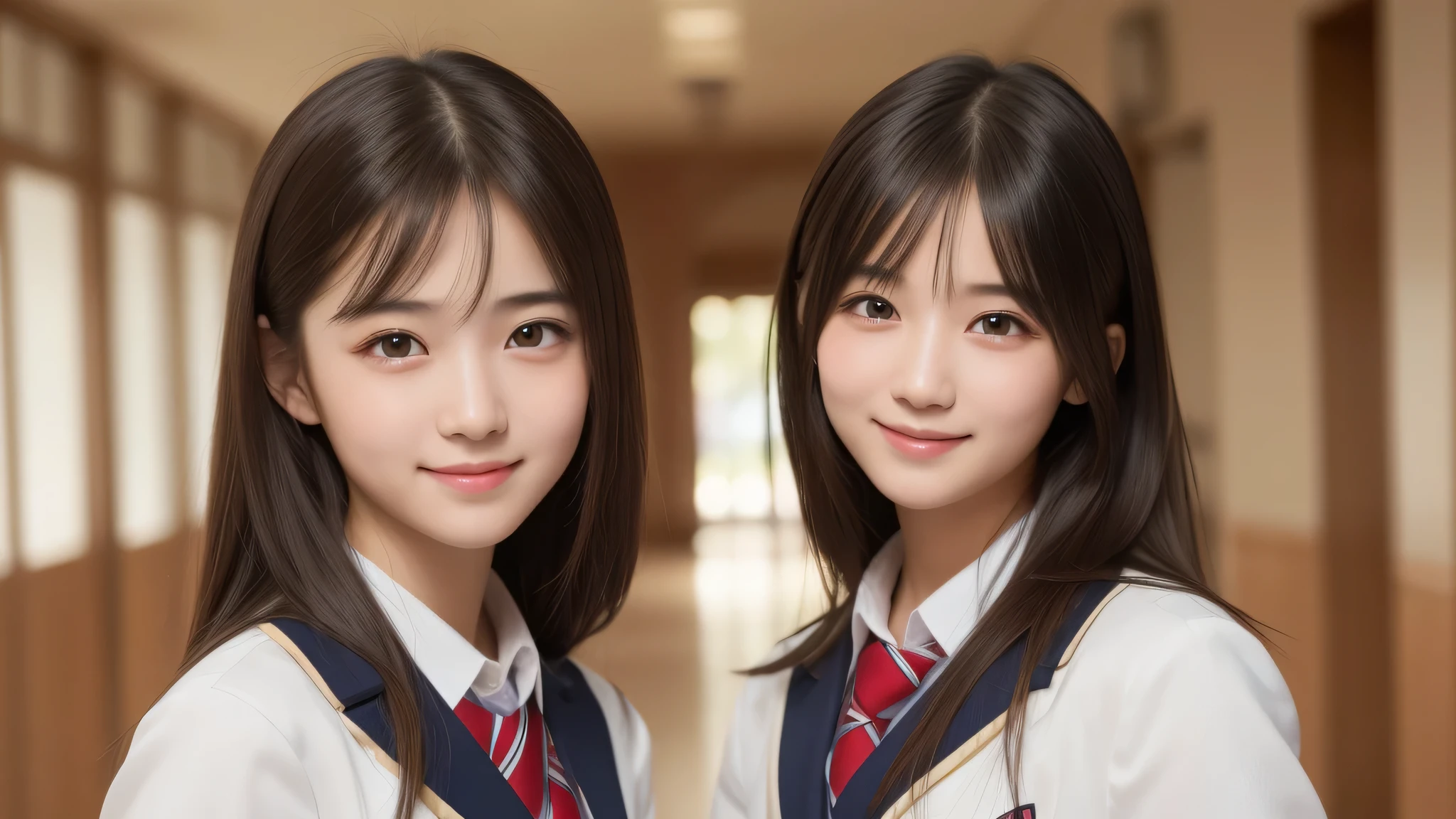 (2girl), brown eyes, air bangs, (cute smile), A very neat face, a sense of cleanliness, (highly detailed eyes, highly detailed face), (hyper-realistic, hight resolution), (best Quality:1.4), (high school uniform:1.2), model, Enchanting, Japanese girls school hallway, The setting sun shining through the school hallway, (Fine face:1.2),