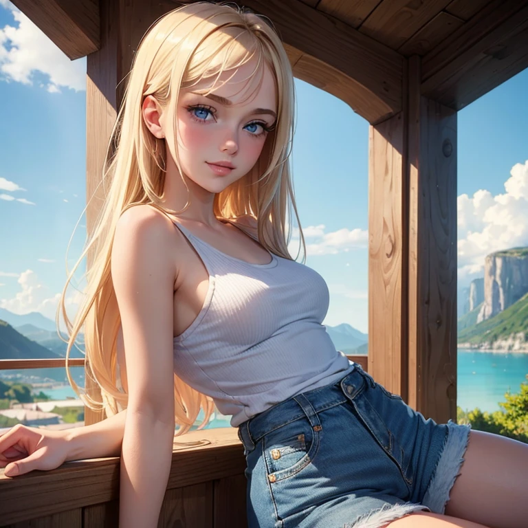 (masterpiece, best quality:1.4), (8K), Young blonde beauty, (((18 years old, neat girl))), detailed blue eyes, long eyelashes, blush, kind smile, upper body, small breats, denim short shorts, (from side), (looking at viewer) (close up), beautiful blonde hair, white-skinned, long hair, parted bangs, (small breasts), (valley, beautiful and magnificent skyline, majestic sky), colorful natural light)