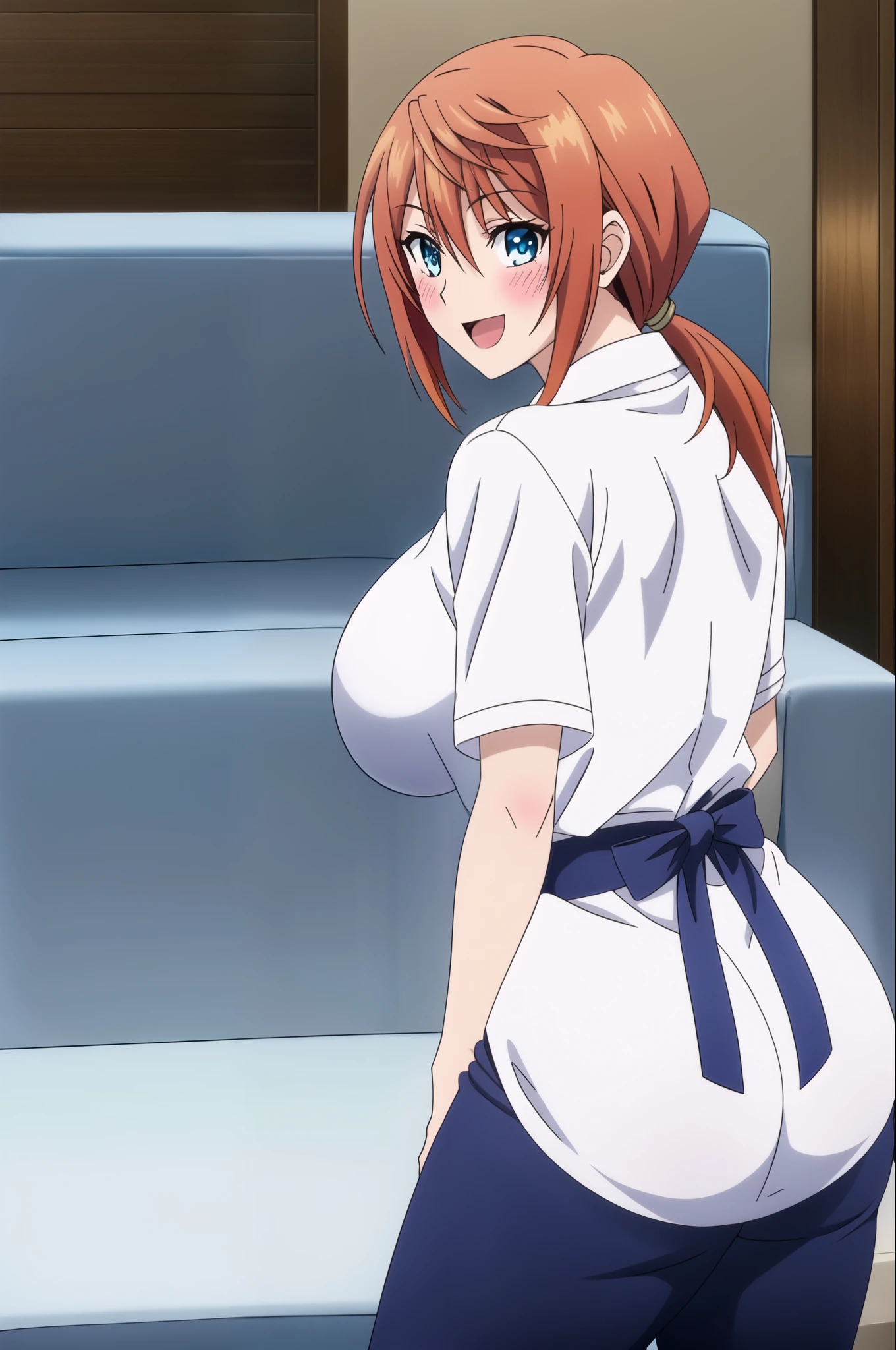 master piece, 1girl, solo, ponytail, orange hair, looking at viewer, blush, smile, open mouth, blue  pants, white shirt, , blue eyes, huge ass, :d, looking back, breast, indoors, from behind, , couch, , mature female, , ass focus,
