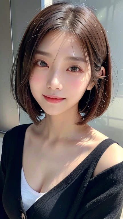 (((Close-up of face)))、(((Absolutely shoulder-length brown straight short bob)))、(((She is posing like a hair salon model, with a black wall indoors as the background.)))、(((Casual black winter long sleeve cardigan)))、Half Japanese, half Korean、18 year old girl、Standing Alone、Looking forward、Light eye makeup、Brown Hair Color、Flat and 、Hair blowing in the wind、Actress Quality、Glossy, ultra-realistic face、Smiling face、Watery eyes、Gazing Up、Subtle lighting effects、 Ultra-Realistic Capture、Very detailed、High resolution 16K close up of human skin。Skin texture must be natural、The details must be such that pores can be clearly seen、The skin is healthy、Uniform tone、Use natural light and colors、A worn-out, high-quality photo taken by a model agency&#39;s in-house photographer.、smile、(((SIGMA 300 mm F/1.4,1/1000 sec shutter,ISO 400)))
