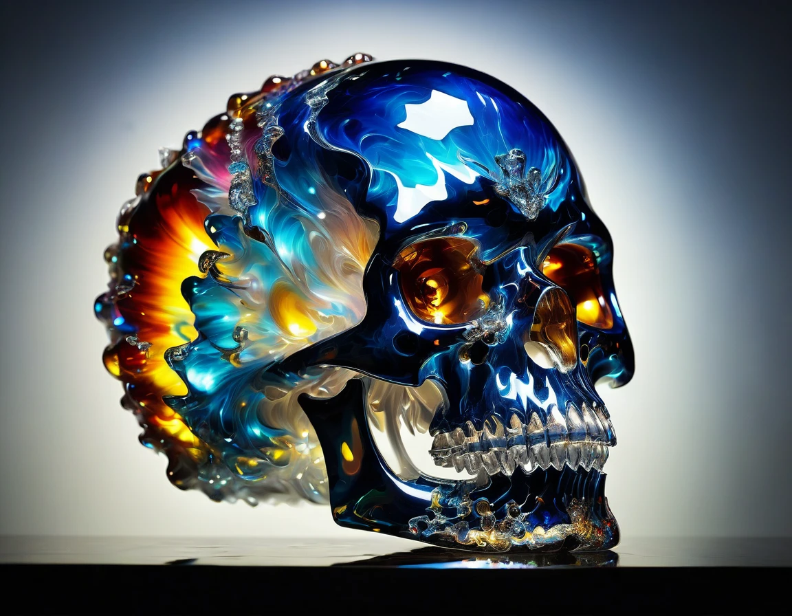 (best quality,highres,realistic:1.37),detailed,piece of art:1.2,colorful glass skull,shimmering explosion,projected dreamlike dust,stunning detailed features,fragile structure,ground impact,mesmerizing shattered fragments,brilliant colors,reflections,translucent glass textures,vivid dream-like projections,splashes of vibrant light,iridescent hues,ethereal essence,delicate beauty,dynamic motion,object's weightlessness,crystalline surfaces,gleaming highlights,rainbow spectrum glass,captivating presence,sparkling shards flowing,magical transformation,narrative of disintegration,floating glass fragments,interplay of light,rich visual experience,transitory moment,drama of impact,exquisite craftsmanship,illusion of movement,luminous particles,dreamy atmosphere,fragmented reality,lush palette,controlled chaos,mesmerizing grandeur,emotional impact,complex composition.