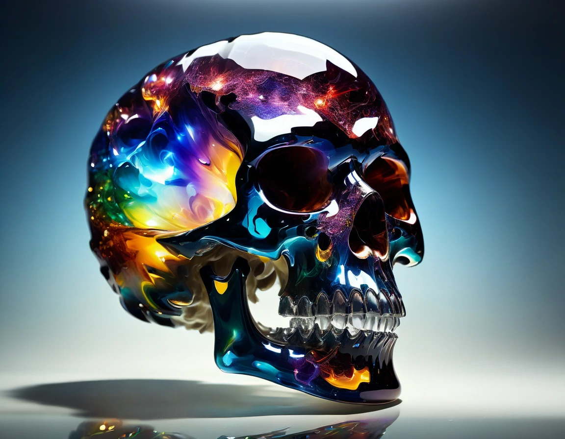 (best quality,highres,realistic:1.37),detailed,piece of art:1.2,colorful glass skull,shimmering explosion,projected dreamlike dust,stunning detailed features,fragile structure,ground impact,mesmerizing shattered fragments,brilliant colors,reflections,translucent glass textures,vivid dream-like projections,splashes of vibrant light,iridescent hues,ethereal essence,delicate beauty,dynamic motion,object's weightlessness,crystalline surfaces,gleaming highlights,rainbow spectrum glass,captivating presence,sparkling shards flowing,magical transformation,narrative of disintegration,floating glass fragments,interplay of light,rich visual experience,transitory moment,drama of impact,exquisite craftsmanship,illusion of movement,luminous particles,dreamy atmosphere,fragmented reality,lush palette,controlled chaos,mesmerizing grandeur,emotional impact,complex composition.