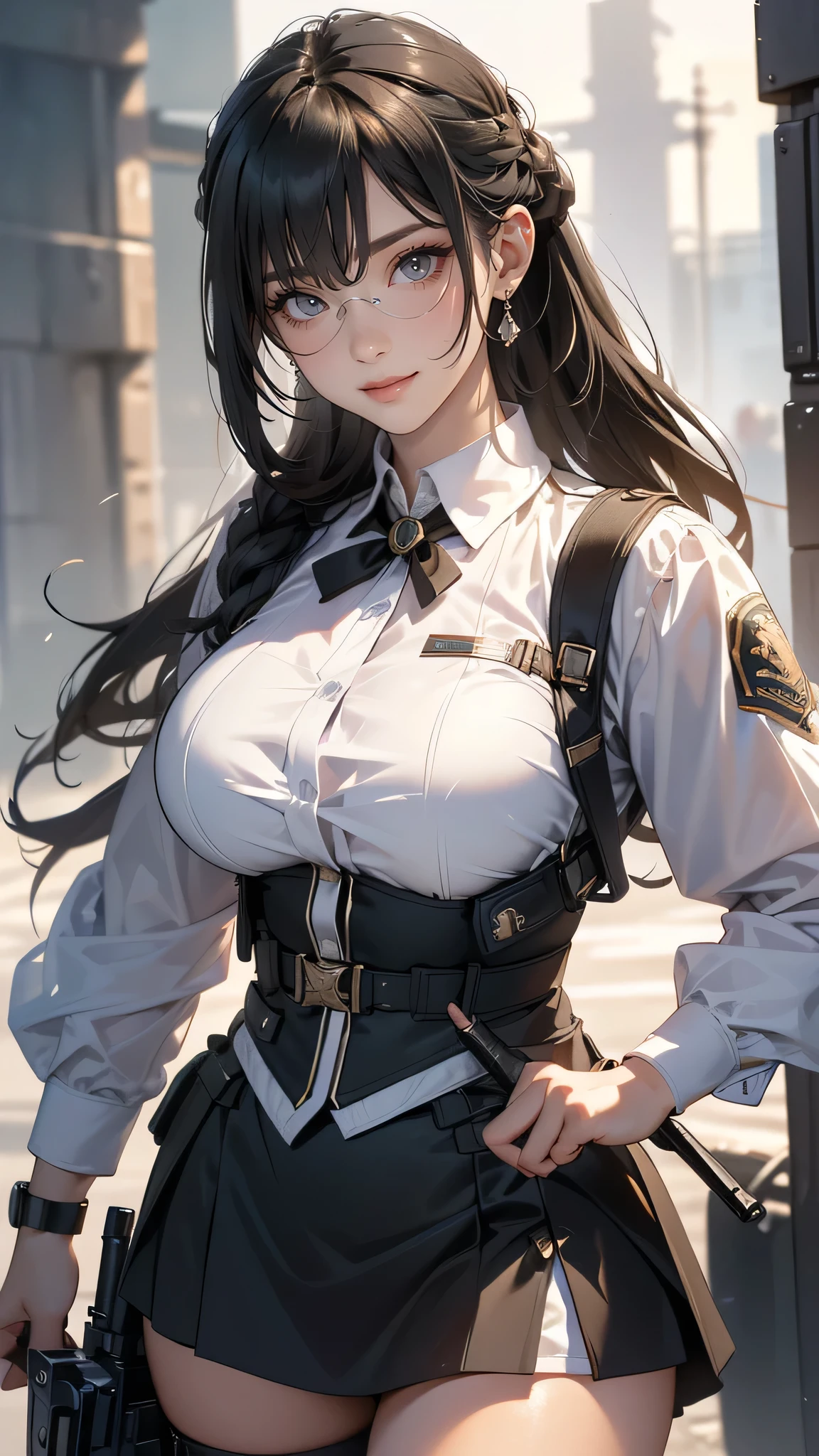 (hold a gun,point the gun to the front:1.2),(glasses:1.2),(random military outfit),(random hairstyle),(large breasts:1.5),(Highest image quality, (8K), Ultra-realistic, Best Quality, High quality, High Definition, high quality texture, high detailing, Beautiful detailed, fine detailed, extremely details CG, Detailed texture, realistic representation of face, masterpiece, presence)
