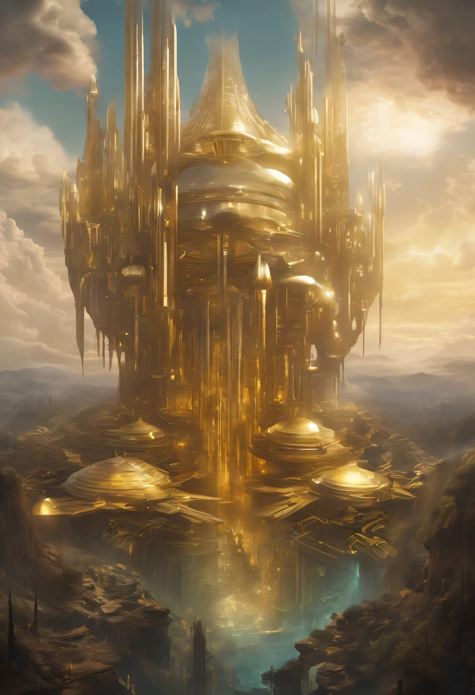 Fantasy, ((In the style of Greg Rutkowski)), Heavenly Angels, ((New Heaven, New Earth)), ((Futuristic architecture)): Celestial Mansions of Gold and Crystal rising above vibrant forests, inhabited by magical creatures and luminous energy. The crystal rooftops reflecting the golden sunrays, casting a spectacle of light across the landscape.
Fantasy: ((Greg Rutkowski style)), ((Clouds in the skies)), ((Futuristic architecture)), Glory of God, Power and Honor, (Army of Angels), (Retrofuturism), (cottagecore), ( all of pure gold), ((Inspired by H.R. Giger)), (mist close to the ground, rolling in the distance), ((glorious splendor rolling)), Celestial City of Gold and Resplendent Crystal
Fantasy: ((Greg Rutkowski style)), ((Clouds in the skies)), ((Futuristic architecture)), Glory of God, Power and Honor, (Army of Angels), (Retrofuturism), (cottagecore), ( all of pure gold), ((Inspired by H.R. Giger)), (mist close to the ground, rolling in the distance), ((equal height, length, and width)), ((rolling glorious splendor)), Celestial City of Gold and resplendent crystal
/imagine prompt: A gigantic city, (Spaceship), (Cube shape), ((gold and crystal)), (Futuristic Architecture,Middle Eastern), ((Hanging Gardens)), damask pattern, gold, jade, jasper, quartz, rose gold, sapphire, akos major, aerial photography, full body shot, fantastic realism, angelcore, hyper realism, dreamy glow, floodlight
/imagine prompt: A gigantic city, (Spaceship), (Cube shape), ((gold and crystal)), (Futuristic, Middle Eastern architecture), (Hanging Gardens), (Very Tall Towers), damask pattern, gold, jasper, sapphire, quartz, rose gold, akos major, aerial photography, full body shot, fantastic realism, golden hour
Fantasy: ((Greg Rutkowski style)), ((Clouds in the skies)), ((Futuristic architecture)), (Inspired by Middle Eastern architecture), Glory of God, Power and Honor, (Army of Angels), (Retrofuturism), (cottagecore), ( all of pure gold), ((Inspired by H.R. Giger)), (mist close to the gro