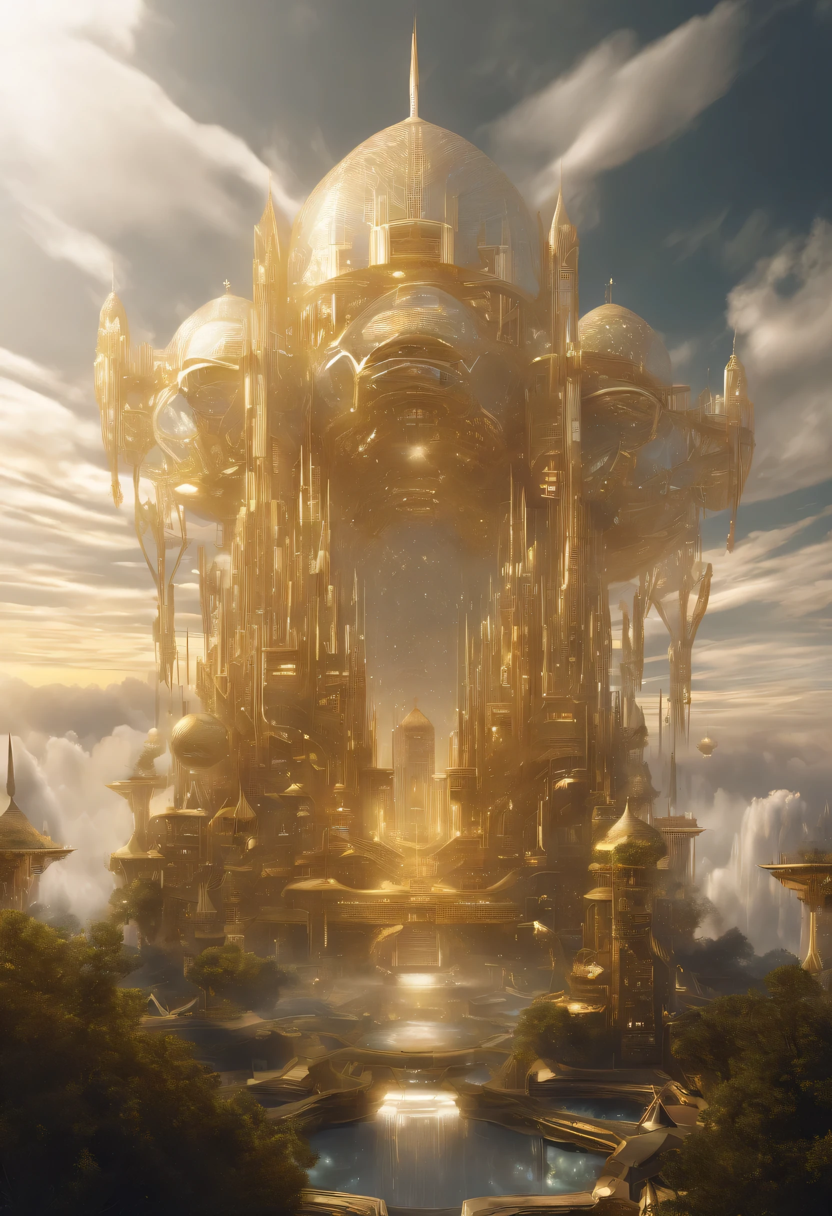 Fantasy, ((In the style of Greg Rutkowski)), Heavenly Angels, ((New Heaven, New Earth)), ((Futuristic architecture)): Celestial Mansions of Gold and Crystal rising above vibrant forests, inhabited by magical creatures and luminous energy. The crystal rooftops reflecting the golden sunrays, casting a spectacle of light across the landscape.
Fantasy: ((Greg Rutkowski style)), ((Clouds in the skies)), ((Futuristic architecture)), Glory of God, Power and Honor, (Army of Angels), (Retrofuturism), (cottagecore), ( all of pure gold), ((Inspired by H.R. Giger)), (mist close to the ground, rolling in the distance), ((glorious splendor rolling)), Celestial City of Gold and Resplendent Crystal
Fantasy: ((Greg Rutkowski style)), ((Clouds in the skies)), ((Futuristic architecture)), Glory of God, Power and Honor, (Army of Angels), (Retrofuturism), (cottagecore), ( all of pure gold), ((Inspired by H.R. Giger)), (mist close to the ground, rolling in the distance), ((equal height, length, and width)), ((rolling glorious splendor)), Celestial City of Gold and resplendent crystal
/imagine prompt: A gigantic city, (Spaceship), (Cube shape), ((gold and crystal)), (Futuristic Architecture,Middle Eastern), ((Hanging Gardens)), damask pattern, gold, jade, jasper, quartz, rose gold, sapphire, akos major, aerial photography, full body shot, fantastic realism, angelcore, hyper realism, dreamy glow, floodlight
/imagine prompt: A gigantic city, (Spaceship), (Cube shape), ((gold and crystal)), (Futuristic, Middle Eastern architecture), (Hanging Gardens), (Very Tall Towers), damask pattern, gold, jasper, sapphire, quartz, rose gold, akos major, aerial photography, full body shot, fantastic realism, golden hour
Fantasy: ((Greg Rutkowski style)), ((Clouds in the skies)), ((Futuristic architecture)), (Inspired by Middle Eastern architecture),  Glory of God, Power and Honor, (Army of Angels), (Retrofuturism), (cottagecore), ( all of pure gold), ((Inspired by H.R. Giger)), (mist close to the gro