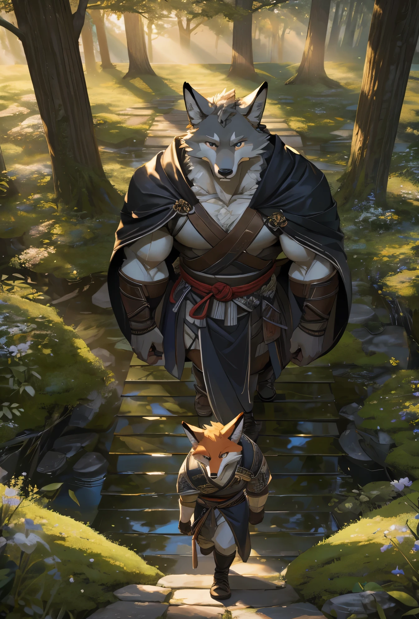 walking through forest, ((from above:1.2)), looking at viewer, green foliage, serene atmosphere, sunlight streaming through trees, cascading leaves, rustling of leaves, layered shades of green and gold, tall swaying trees, sunlit path, spring palette, tranquil ambience,nature immersion, moss-covered ground, Anthro((dramatic))epic, dynamic pose, One scene of movie, An extreme perspective with a powerful composition, Perfect Anatomy, magnificent picture of japanese clothing, samurai, big muscles, (ultra detailed), sharp focus, niji, eyesgod, black eye, furry, light-white fur, grey fur, anthro (fox), male, middle-aged, gray body, white belly, tail, muscular, knight costume, long cloak, ultra detailed face, depth of field, motion blur, high details, high quality, award winning, HD, 16k, (best quality,4k,8k,highres,masterpiece:1.2),ultra-detailed,realistic:1.37,HDR,UHD,studio lighting,extreme detail description,professional,vivid colors,lively atmosphere, natural lighting, (close up:1.5), (selfie:0.2)