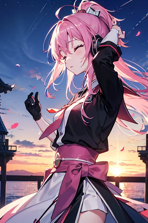 kawai bloody anime girl looking at the horizon with a castle floating in the distance and people in the distance with powers, pink hair, happy, headphones on listening to music and dancing panorama mode image that shows the landscape and that the girl does not look at the camera and that her entire body is seen, with a sandess on her face, closing her eyes, with a katana hanging on her anime waist, anime, anime!!! 4k blood everywhere