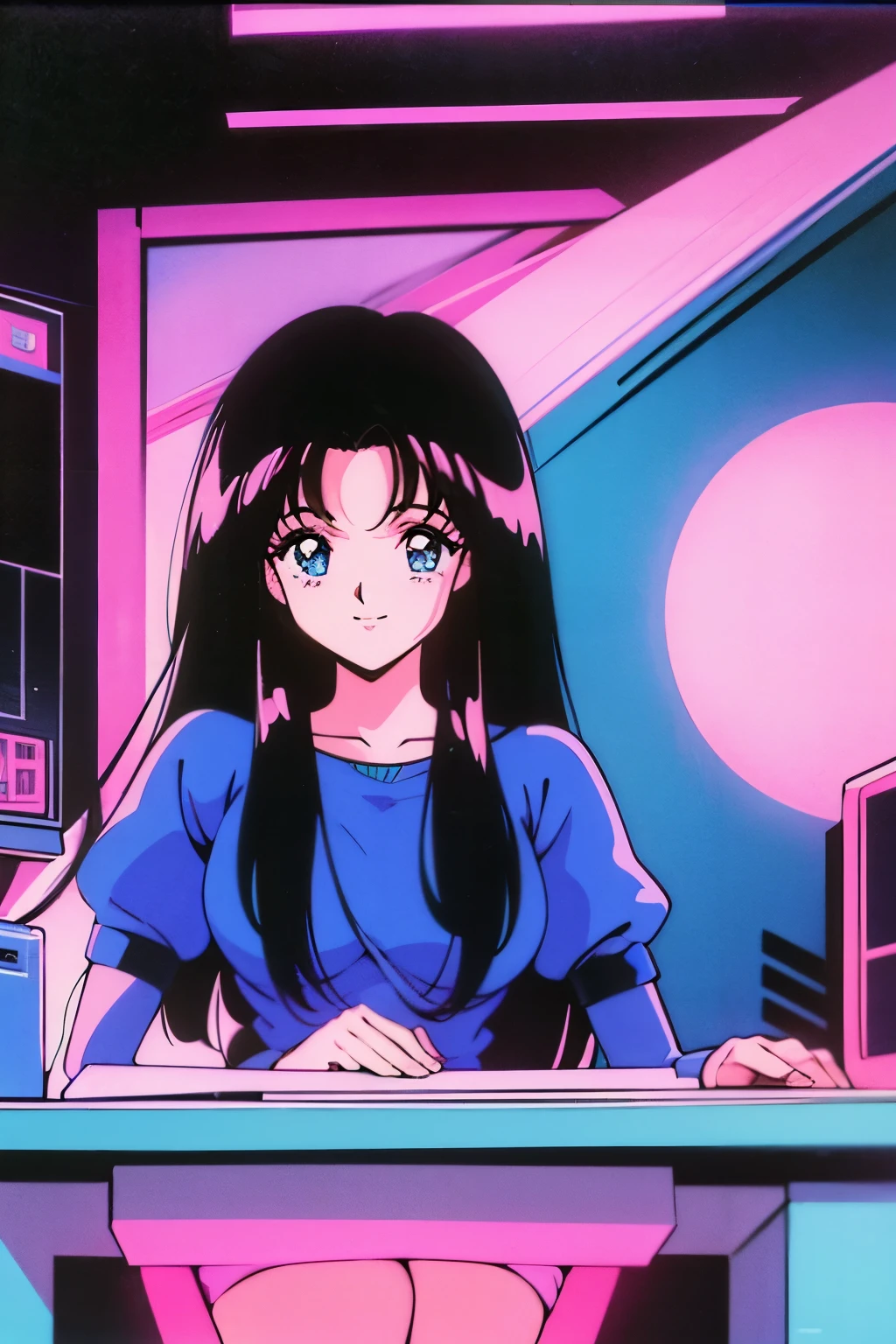 Anime girl sitting at a desk with a computer in front of her - SeaArt AI