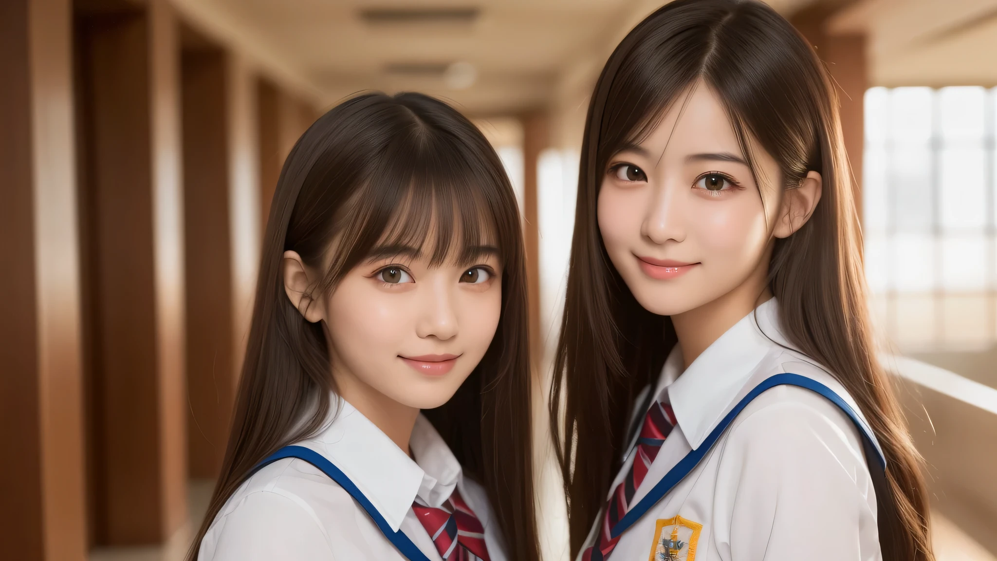 (2girl), brown eyes, air bangs, (cute smile), A very neat face, a sense of cleanliness, (highly detailed eyes, highly detailed face), (hyper-realistic, hight resolution), (best Quality:1.4), (high school uniform:1.2), model, Enchanting, Japanese girls school hallway, The setting sun shining through the school hallway, (Fine face:1.2),