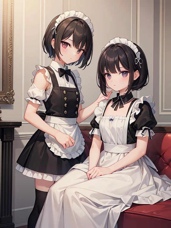 (masterpiece, highest quality, highest quality, Official Art, Cosmetology and aesthetics: 1.2), A cross-dressing boy with shoulder-length black hair and a short skirt wearing a maid's uniform、Cute, delicate and short,Hanging out the laundry,Raising both hands,from behind,from below, pants,Luxury House,garden
