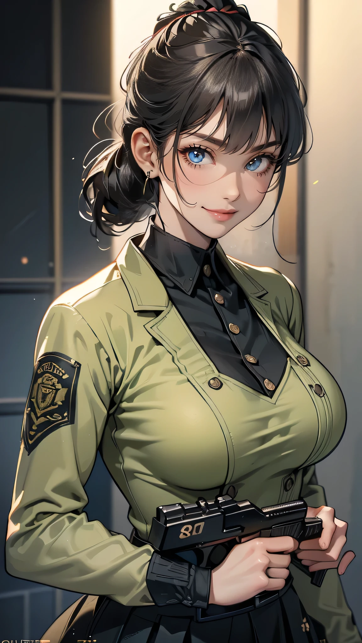 (hold a gun,point the gun to the front:1.2),(glasses:1.2),(random military outfit),(random hairstyle),(large breasts:1.5),(Highest image quality, (8K), Ultra-realistic, Best Quality, High quality, High Definition, high quality texture, high detailing, Beautiful detailed, fine detailed, extremely details CG, Detailed texture, realistic representation of face, masterpiece, presence)
