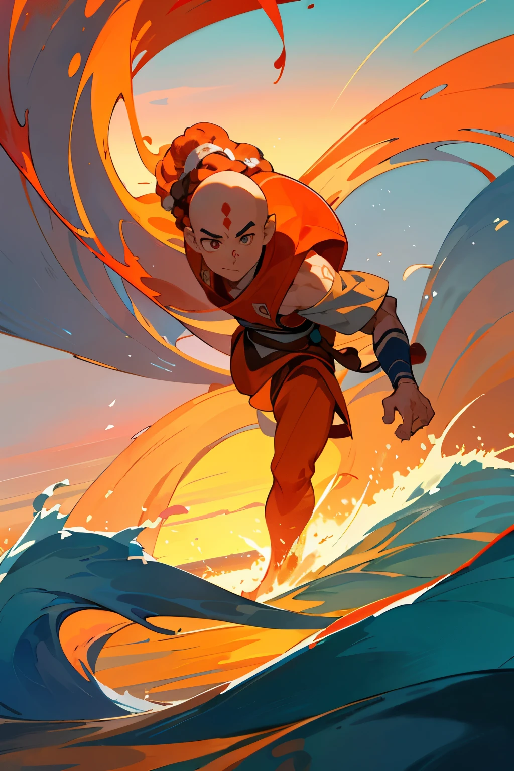 Anime-styled Avatar Aang, with his iconic braided hair and serious expression, stands cinematically by the edge of a vast ocean. The sun sets in the background, painting the sky with hues of orange and pink. Aang's eyes are focused on the horizon, as he prepares to bend the ocean's waters with the utmost determination. The scene is set in high definition, with an impressive level of detail, capturing every contour of Aang's figure and the surreal movement of bending the ocean's vastness to his will. The water around him swells, responding to his commands, leaving a trail of ripples and luster in its wake. The