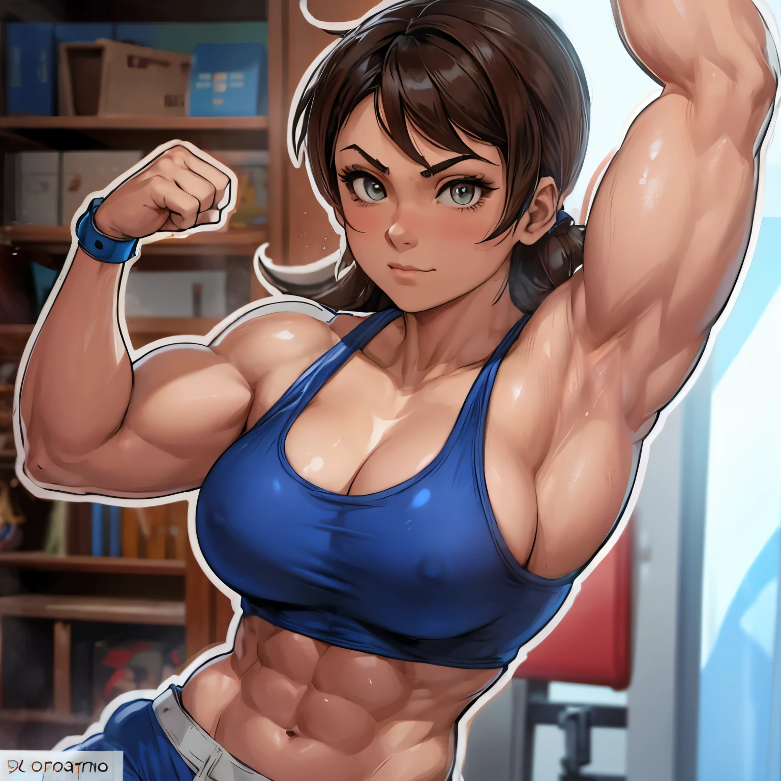 anime girl with muscular arms and chest posing for the camera, muscular girl, muscular!!, muscular!, chun li at the gym, strong arms, muscular sweat lara croft, muscular!!!, bursting with muscles, feminine and muscular, strong pose, muscle, big muscles, muscular character, female protagonist 👀 :8, strong and muscular, muscles, big biceps