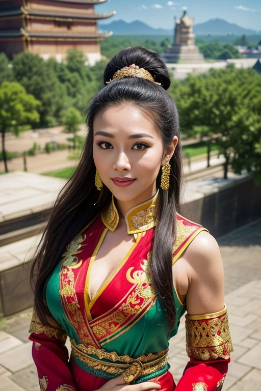 (from above:1.3),(thai woman),((highponytail)),(forehead),(Oriental Folk Costumes:1.5),(Empress's style:1.3),(enormous breasts:1.5),(Addressing an audience:1.6),(Historic Monuments of the Orient in the background:1.6),big smile, (cowboy shot:1.4),8k, UHD,