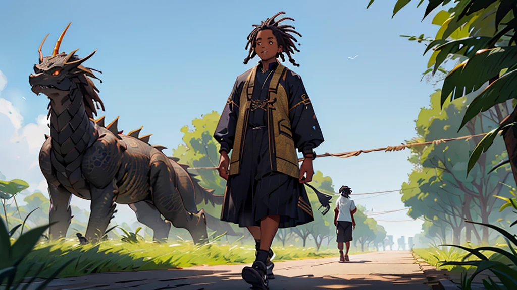 An African boy in normal teenage clothes with small dreadlocks black skin walking in the African region comes across a large black dragon standing, garoto com rosto perfeito, rosto perfeito, ((melhor qualidade)), ((obra de arte))