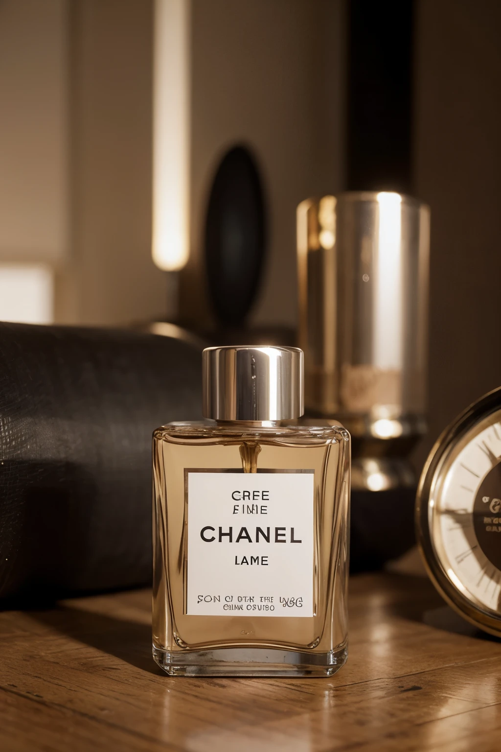 crie um mockup de perfume inspirado no coco chanel mademoiselle, com a tampa identica e coloque o frasco no centro da imagem