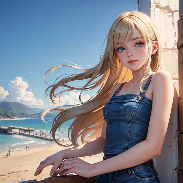 (masterpiece, best quality:1.4), (8K), Young blonde beauty, (((18 years old, neat girl))), detailed blue eyes, long eyelashes, blush, kind smile, upper body, small breats, denim short shorts, (from side) , (looking at viewer), beautiful blonde hair, white-skinned, long hair, parted bangs, (small breasts), (valley, beautiful and magnificent skyline, majestic sky), colorful natural light)