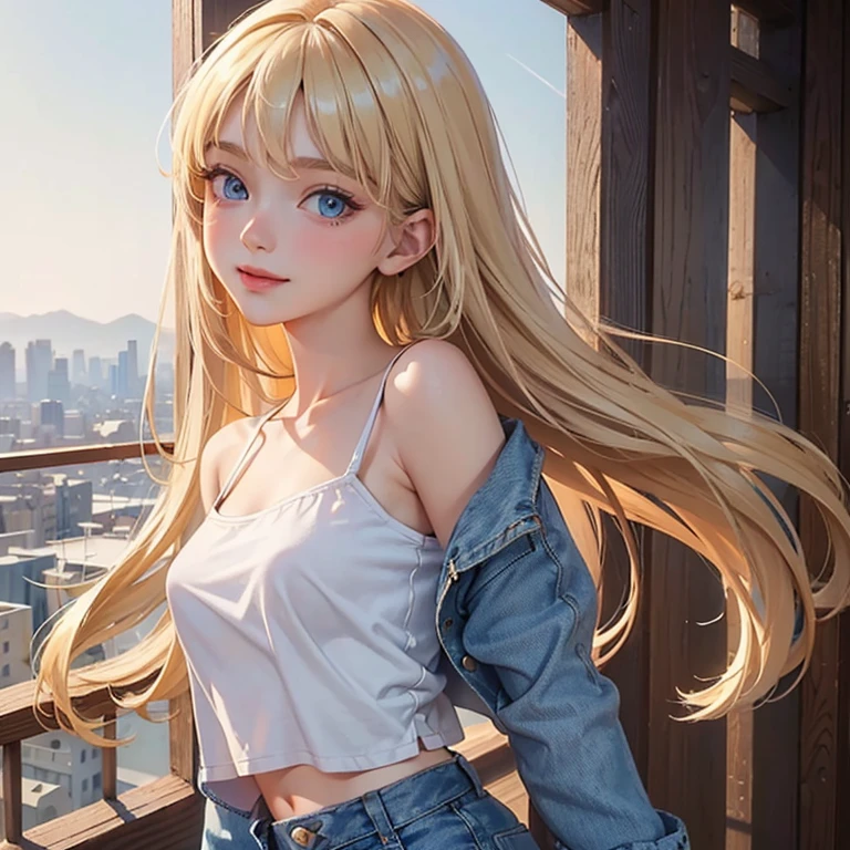 (masterpiece, best quality:1.4), (8K), Young blonde beauty, (((18 years old, neat girl))), detailed blue eyes, long eyelashes, blush, kind smile, upper body, small breats, denim short shorts, (from side) , (looking at viewer), beautiful blonde hair, white-skinned, long hair, parted bangs, (small breasts), (valley, beautiful and magnificent skyline, majestic sky), colorful natural light)