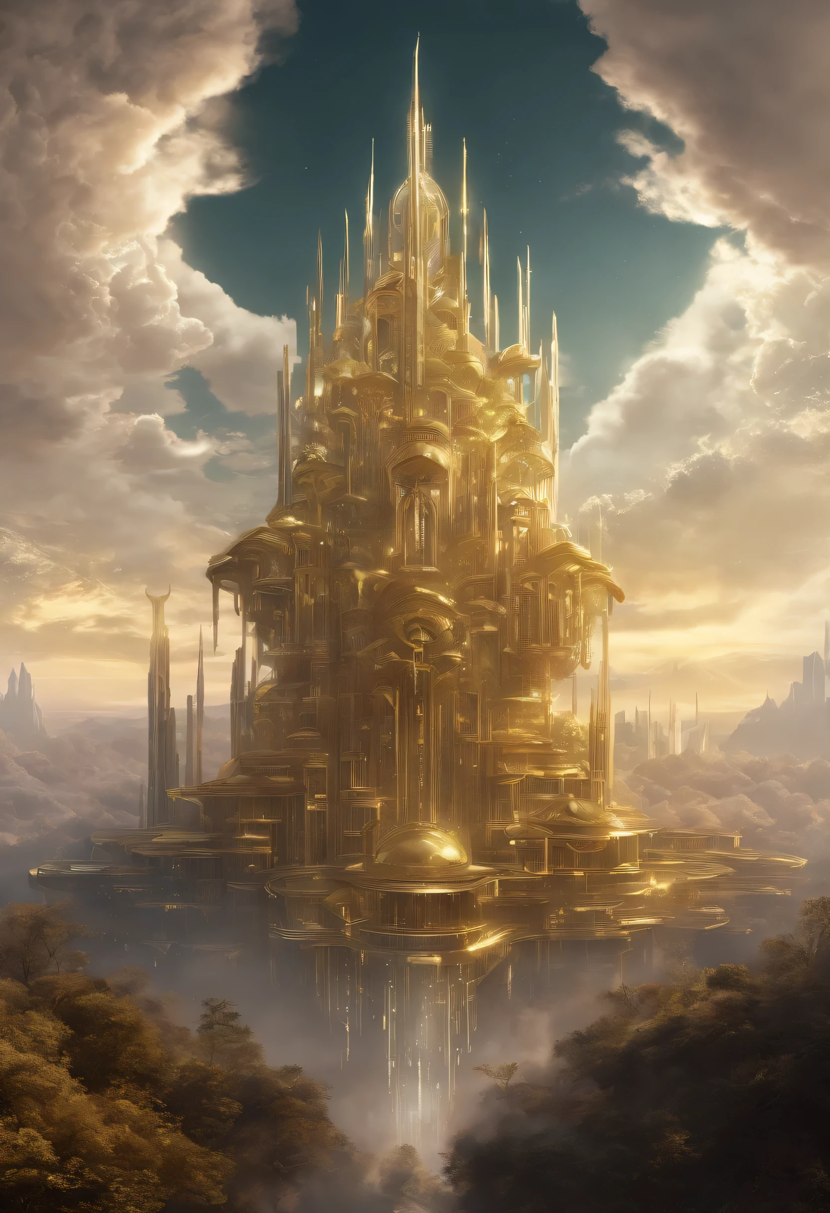 Fantasy, ((In the style of Greg Rutkowski)), Heavenly Angels, ((New Heaven, New Earth)), ((Futuristic architecture)): Celestial Mansions of Gold and Crystal rising above vibrant forests, inhabited by magical creatures and luminous energy. The crystal rooftops reflecting the golden sunrays, casting a spectacle of light across the landscape. Fantasy: ((Greg Rutkowski style)), ((Clouds in the skies)), ((Futuristic architecture)), Glory of God, Power and Honor, (Army of Angels), (Retrofuturism), (cottagecore), ( all of pure gold), ((Inspired by H.R. Giger)), (mist close to the ground, rolling in the distance), ((glorious splendor rolling)), Celestial City of Gold and Resplendent Crystal Fantasy: ((Greg Rutkowski style)), ((Clouds in the skies)), ((Futuristic architecture)), Glory of God, Power and Honor, (Army of Angels), (Retrofuturism), (cottagecore), ( all of pure gold), ((Inspired by H.R. Giger)), (mist close to the ground, rolling in the distance), ((equal height, length, and width)), ((rolling glorious splendor)), Celestial City of Gold and resplendent crystal /imagine prompt: A gigantic city, (Spaceship), (Cube shape), ((gold and crystal)), (Futuristic Architecture,Middle Eastern), ((Hanging Gardens)), damask pattern, gold, jade, jasper, quartz, rose gold, sapphire, akos major, aerial photography, full body shot, fantastic realism, angelcore, hyper realism, dreamy glow, floodlight /imagine prompt: A gigantic city, (Spaceship), (Cube shape), ((gold and crystal)), (Futuristic, Middle Eastern architecture), (Hanging Gardens), (Very Tall Towers), damask pattern, gold, jasper, sapphire, quartz, rose gold, akos major, aerial photography, full body shot, fantastic realism, golden hour Fantasy: ((Greg Rutkowski style)), ((Clouds in the skies)), ((Futuristic architecture)), (Inspired by Middle Eastern architecture), Glory of God, Power and Honor, (Army of Angels), (Retrofuturism), (cottagecore), ( all of pure gold), ((Inspired by H.R. Giger)), (mist close to the gro
