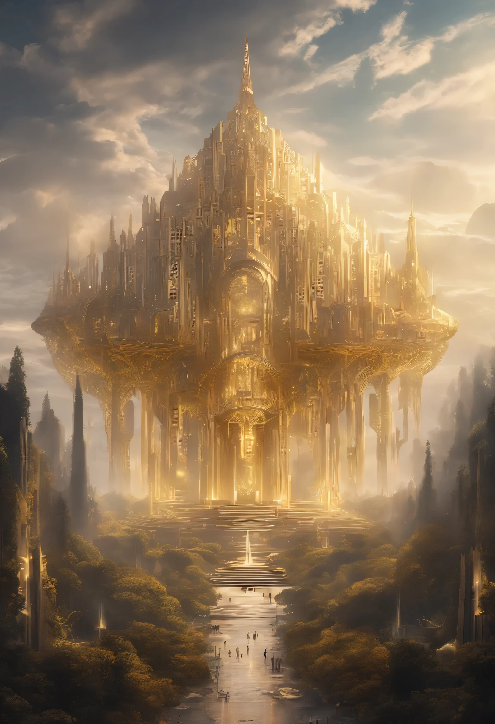 Fantasy, ((In the style of Greg Rutkowski)), Heavenly Angels, ((New Heaven, New Earth)), ((Futuristic architecture)): Celestial Mansions of Gold and Crystal rising above vibrant forests, inhabited by magical creatures and luminous energy. The crystal rooftops reflecting the golden sunrays, casting a spectacle of light across the landscape. Fantasy: ((Greg Rutkowski style)), ((Clouds in the skies)), ((Futuristic architecture)), Glory of God, Power and Honor, (Army of Angels), (Retrofuturism), (cottagecore), ( all of pure gold), ((Inspired by H.R. Giger)), (mist close to the ground, rolling in the distance), ((glorious splendor rolling)), Celestial City of Gold and Resplendent Crystal Fantasy: ((Greg Rutkowski style)), ((Clouds in the skies)), ((Futuristic architecture)), Glory of God, Power and Honor, (Army of Angels), (Retrofuturism), (cottagecore), ( all of pure gold), ((Inspired by H.R. Giger)), (mist close to the ground, rolling in the distance), ((equal height, length, and width)), ((rolling glorious splendor)), Celestial City of Gold and resplendent crystal /imagine prompt: A gigantic city, (Spaceship), (Cube shape), ((gold and crystal)), (Futuristic Architecture,Middle Eastern), ((Hanging Gardens)), damask pattern, gold, jade, jasper, quartz, rose gold, sapphire, akos major, aerial photography, full body shot, fantastic realism, angelcore, hyper realism, dreamy glow, floodlight /imagine prompt: A gigantic city, (Spaceship), (Cube shape), ((gold and crystal)), (Futuristic, Middle Eastern architecture), (Hanging Gardens), (Very Tall Towers), damask pattern, gold, jasper, sapphire, quartz, rose gold, akos major, aerial photography, full body shot, fantastic realism, golden hour Fantasy: ((Greg Rutkowski style)), ((Clouds in the skies)), ((Futuristic architecture)), (Inspired by Middle Eastern architecture), Glory of God, Power and Honor, (Army of Angels), (Retrofuturism), (cottagecore), ( all of pure gold), ((Inspired by H.R. Giger)), (mist close to the gro