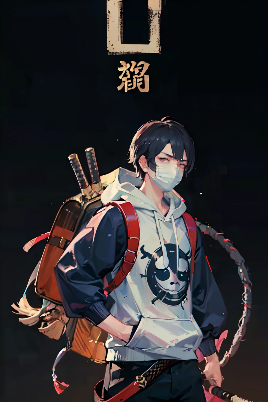 ((best quality)), ((masterpiece)), (detailed), perfect face samurai male, boy samurai, wearing mask, wearing hannya traditional mask, wearing a hoodie and a oni mask and a sword backpack half body, clean background, modern age street urban samurai,