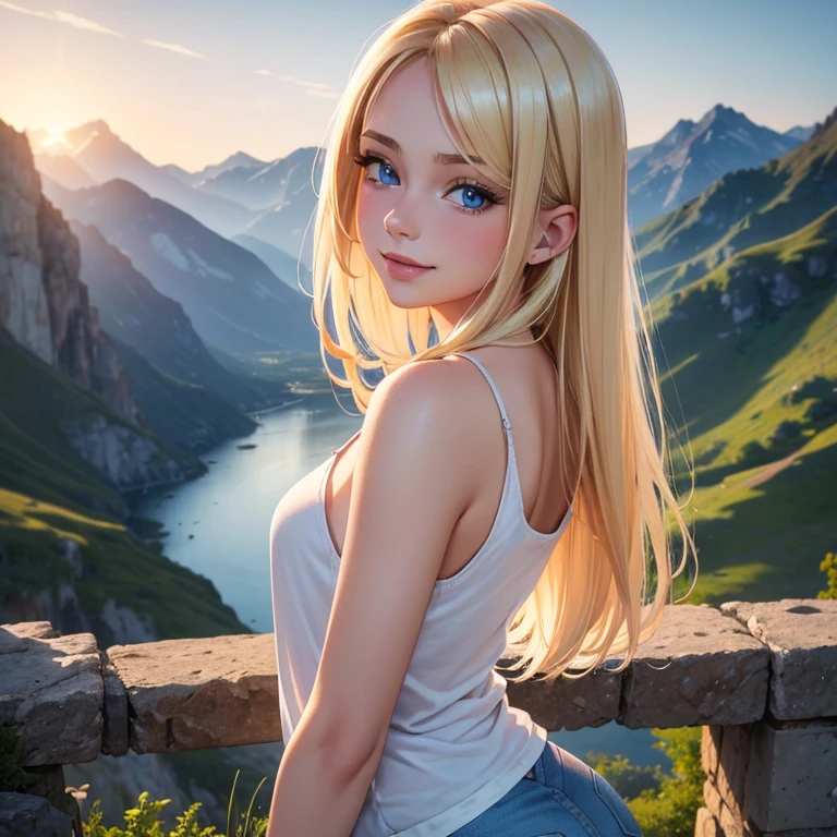(masterpiece, best quality:1.4), (8K), Young blonde beauty, (((18 years old, neat girl))), detailed blue eyes, long eyelashes, blush, kind smile, upper body, small breats, denim short shorts, (from side), (looking at viewer) (close up), beautiful blonde hair, white-skinned, long hair, parted bangs, (small breasts), (valley, beautiful and magnificent skyline, majestic sky), colorful natural light)