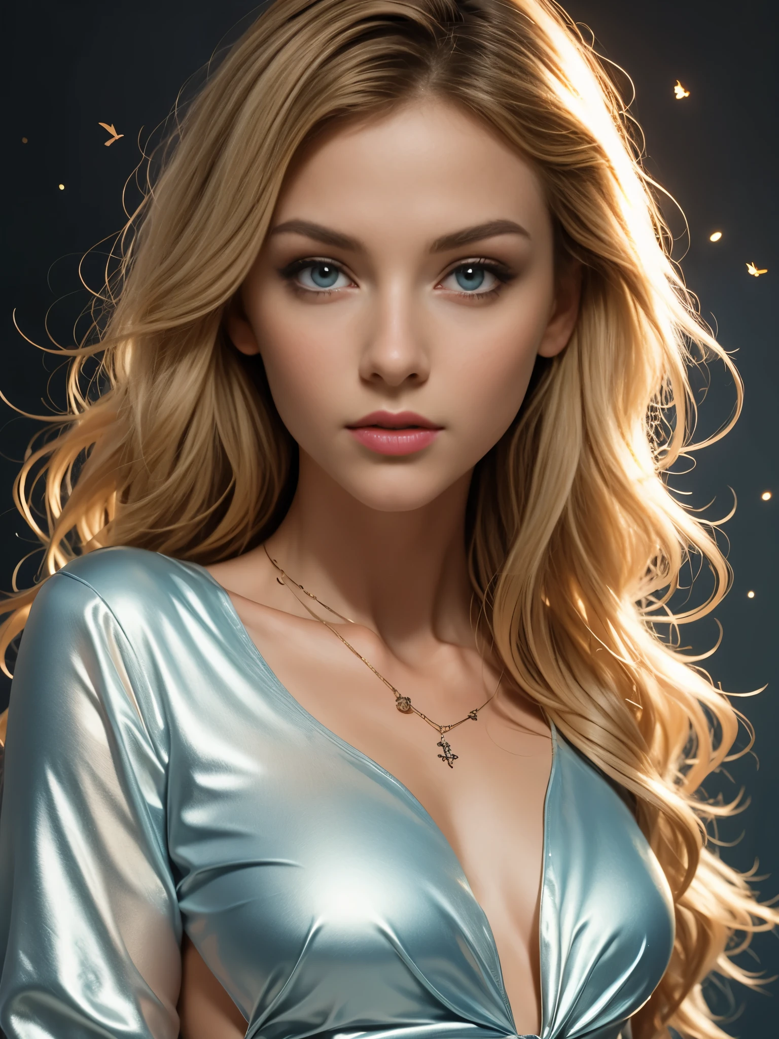 (Highly detailed CG Unity 8K wallpaper,pieces fly, highest quality, Super detailed),(best illumination, best shadow, very delicate and beautiful),fluffy,high color saturation,blonde hair+eyes are blue:1.2,Dark Gothic landscape, long hair, Gaze into the distance. (Beautiful girl with long blonde hair and shining gothic lighting with blue eyes)、cheek gloss highlight
