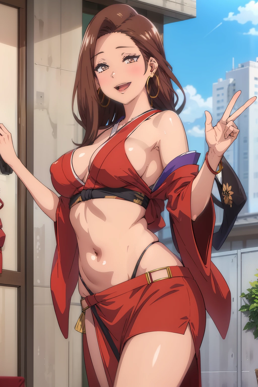 RisaHamazak1, brown hair, long hair, brown eyes, hoop earrings, forehead, large breasts, , masterpiece, best quality, highly detailed, a anime girls in kimono dress with a sword posing for a
picture, bare shoulder,open kimono, evil smile, open mouth, crop top , (nsfw) not safe for work, smile,
ecchi anime style, anime girls, ecchi style, ecchi, digital anime art!!, in anime style, official artwork, visual
novel cg, beautiful anime girl, anime style 4 k, kimono pencil skirt, exposed belly, exposed navel,
exposed midriff, exposed lower belly, outdoor, japanese architecture, temple