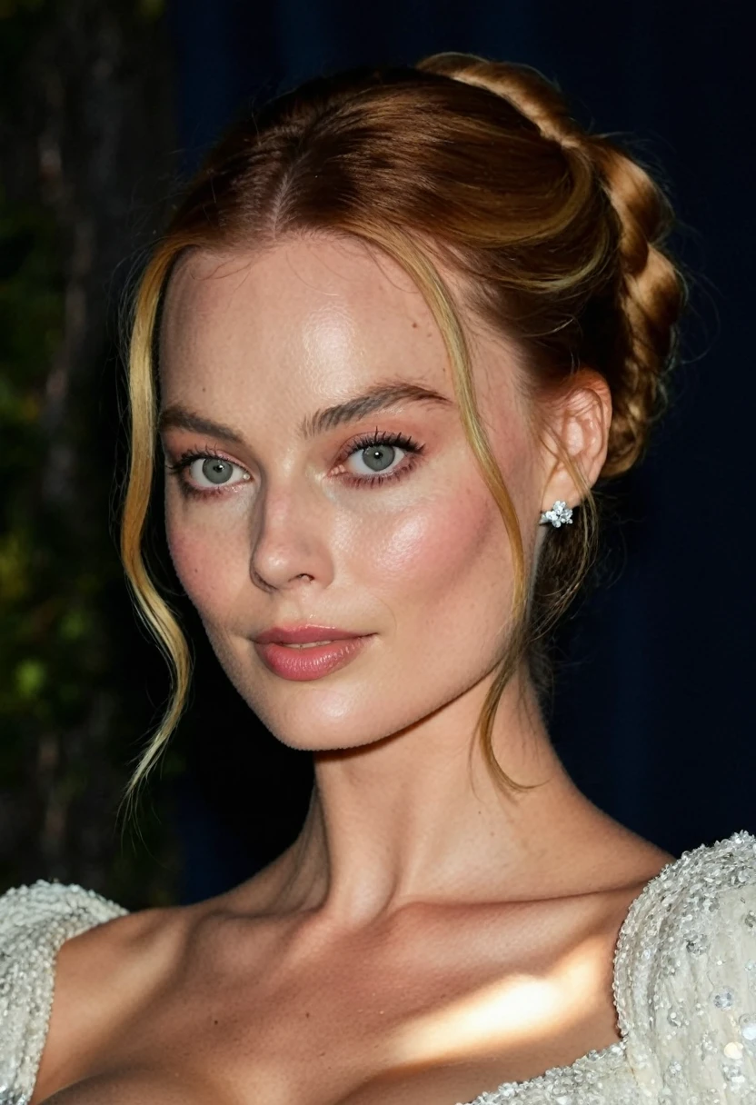 High quality 3/4 profile portrait photo of a (sweaty:1.2) (ginger) high elven margot_robbie_model with perfect lips and (enormous_breasts:1.5), (huge_deep_cleavage:1.5), (illuminated by white moonlight), (vibrant long luscious ginger_hair:1.2), (upper body), elven ears, Nikon Z9, skin texture visible, (sharp focus), (high quality), (wearing an elegant white seethrough:1.4 gown:1.3), (gigantic_boobs:1.2, massive_tits:1.2)