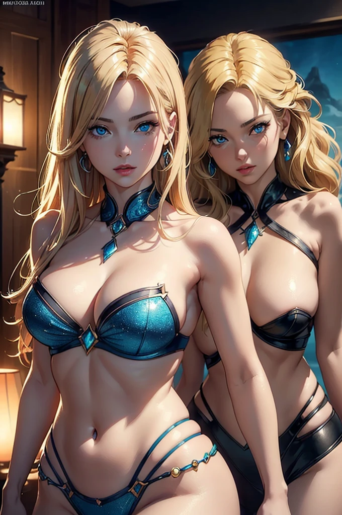 ((realistic,photorealistic:1.37), vivid colors, ((best quality)) ((best quality)), ((masterpiece)), (detailed), 4k image, anime style, beautiful young woman, extreme detail description, professional), charming Goddess-like young girl, feminine beauty, sensual expression, alluring gaze, luscious plump red lips, sleek flowing blonde hair, flawless skin, elegant neck, slim and slender body type, narrow waist, medium sized , delicate features, symmetrical facial features, mesmerizing ocean blue eyes, hip-level shot, fit and toned athletic body, soft lighting, seductive pose, fantasy heaven style background