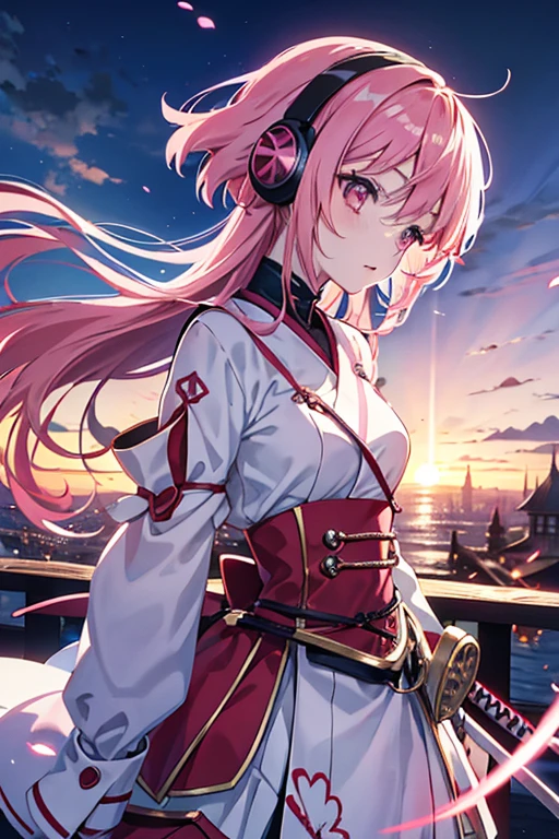 kawai bloody anime girl looking at the horizon with a castle floating in the distance and people in the distance with powers, pink hair, happy, headphones on listening to music and dancing panorama mode image that shows the landscape and that the girl does not look at the camera and that her entire body is seen, with a sandess on her face,  with a katana hanging on her anime waist, anime, anime!!! 4k blood everywhere not a happy ending